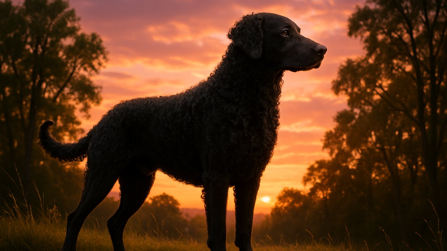Curly-Coated Retriever standing outdoors with tight curly coat