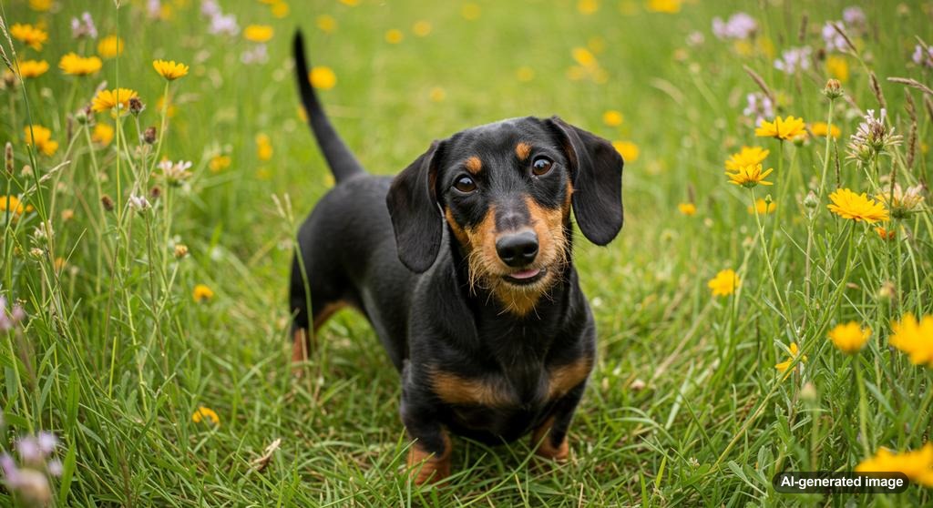 A playful Dachshund with its distinct long body and short legs, showcasing its unique appearance