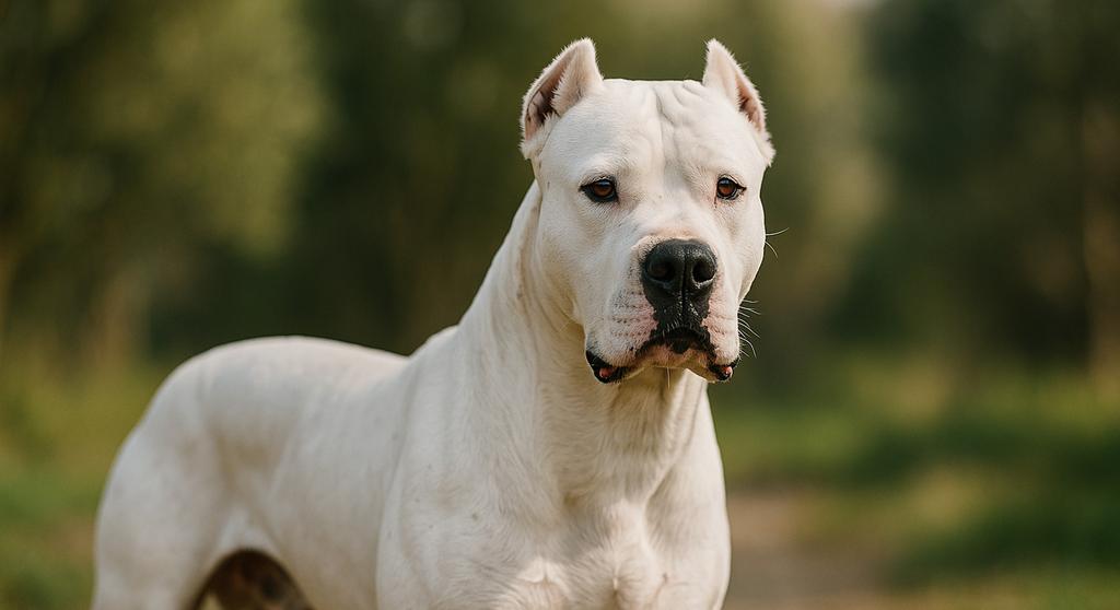 Dogo Argentino standing alert in a grassy field