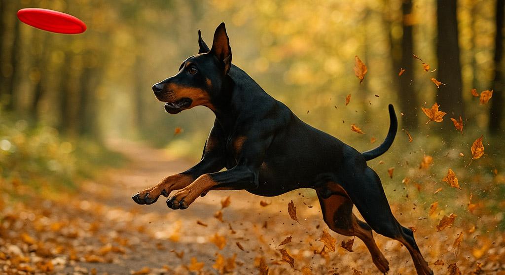 German Pinscher standing alert in a grassy field