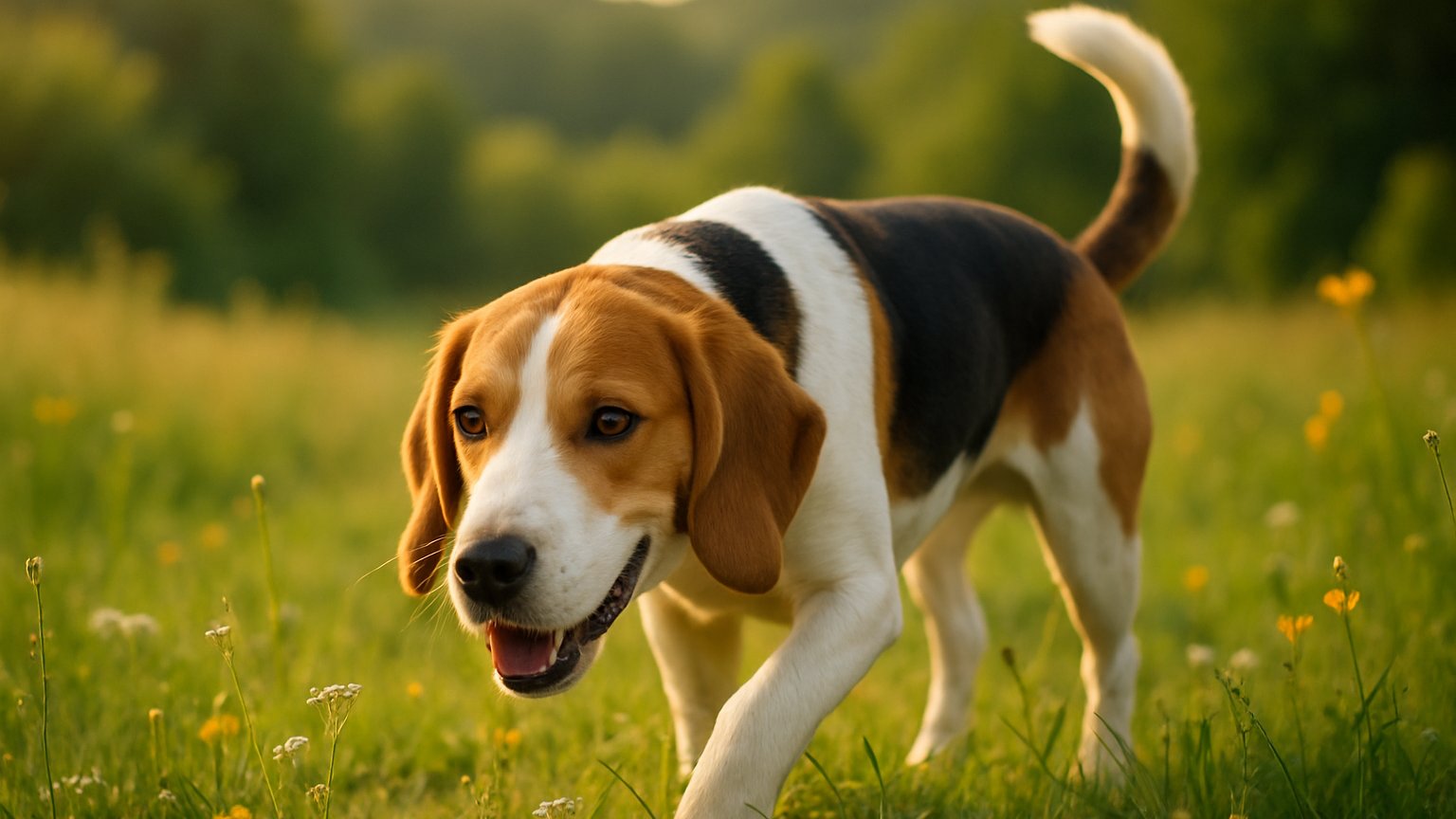 Harrier dog standing on grass, tricolor coat