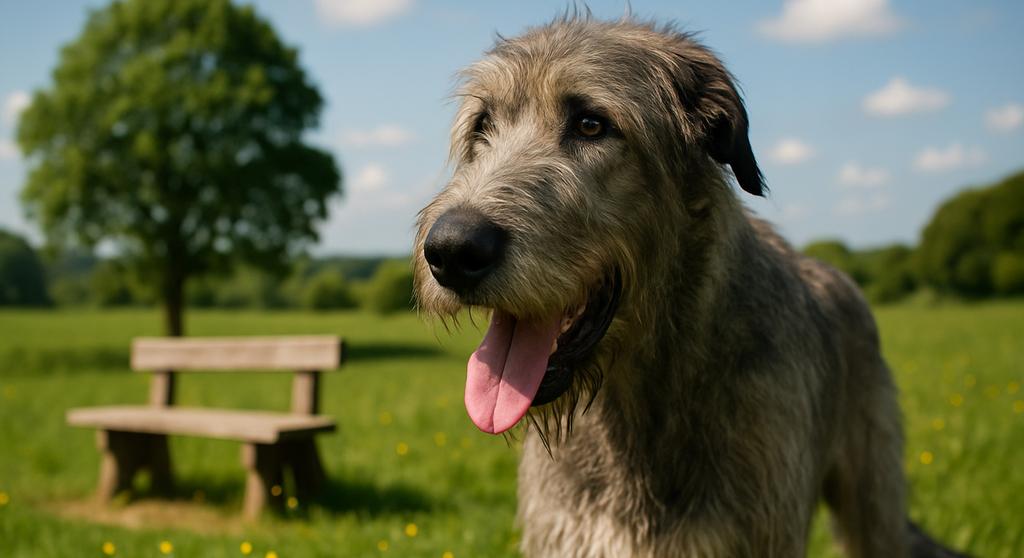 Irish Wolfhound standing outdoors showcasing its size and gentle demeanor