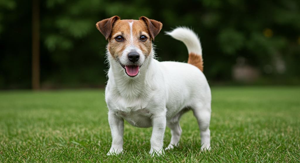 Jack Russell Terrier standing alert in a grassy field