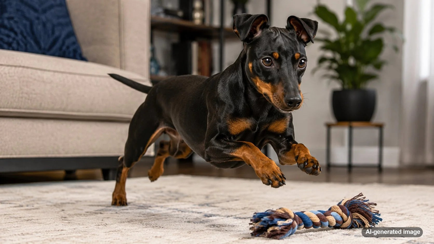Alert black and tan Manchester Terrier standing with an elegant athletic posture