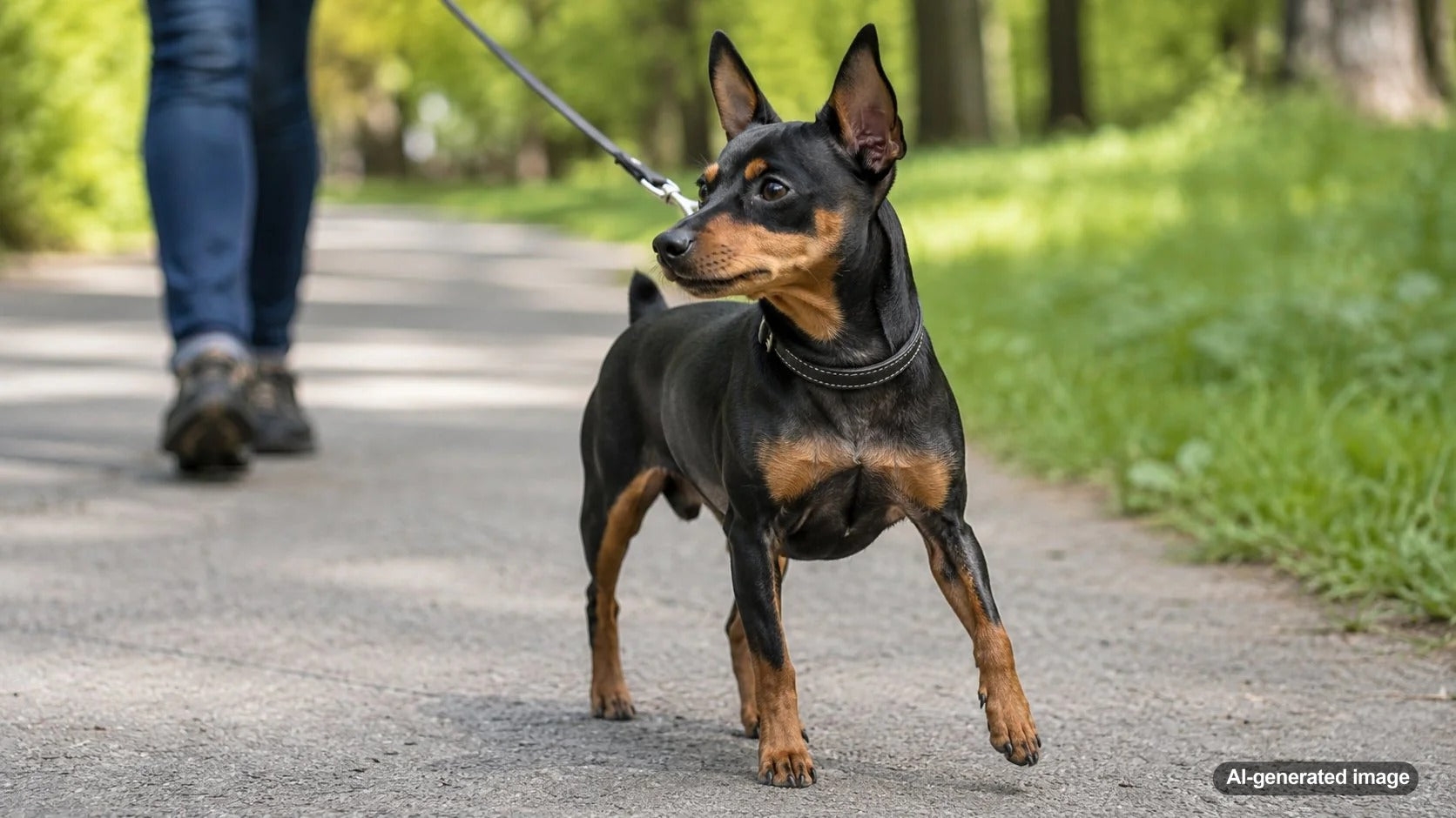 Miniature Pinscher standing alert for a Woof dog breed profile