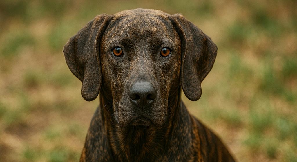 Plott Hound Dog Breed Profile with brindle coat standing outdoors