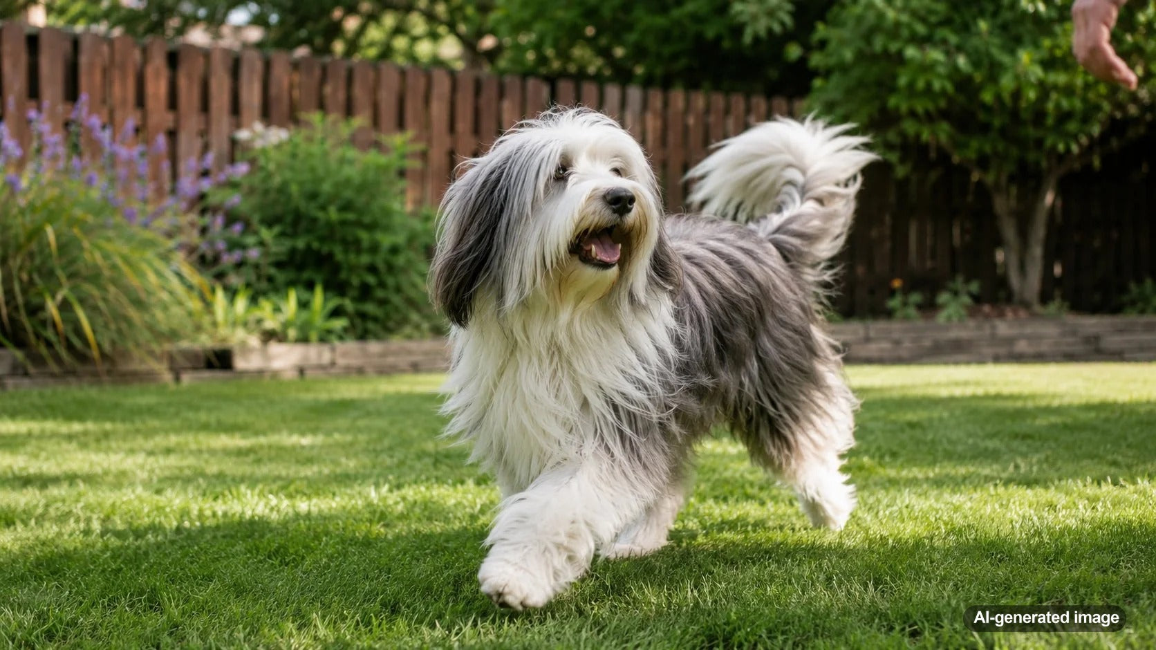 Shaggy Polish Lowland Sheepdog standing outdoors in a natural setting