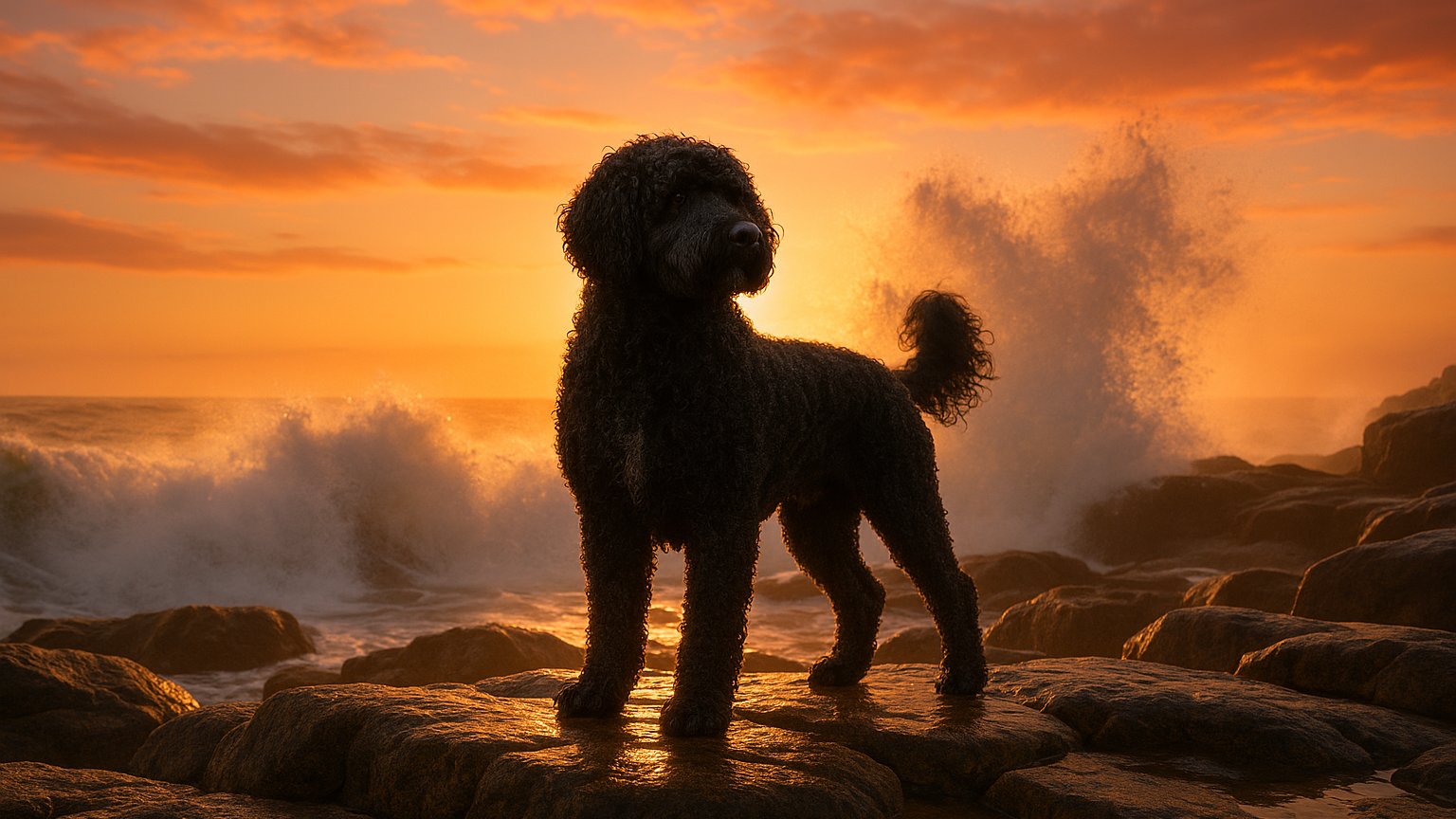 Portuguese Water Dog showcasing its curly coat and webbed feet