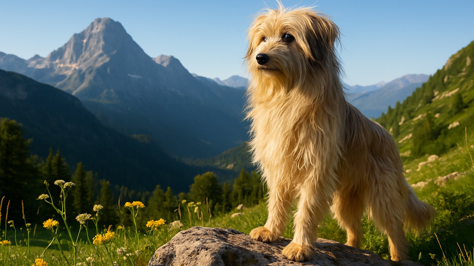 Pyrenean Shepherd standing outdoors with a joyful expression