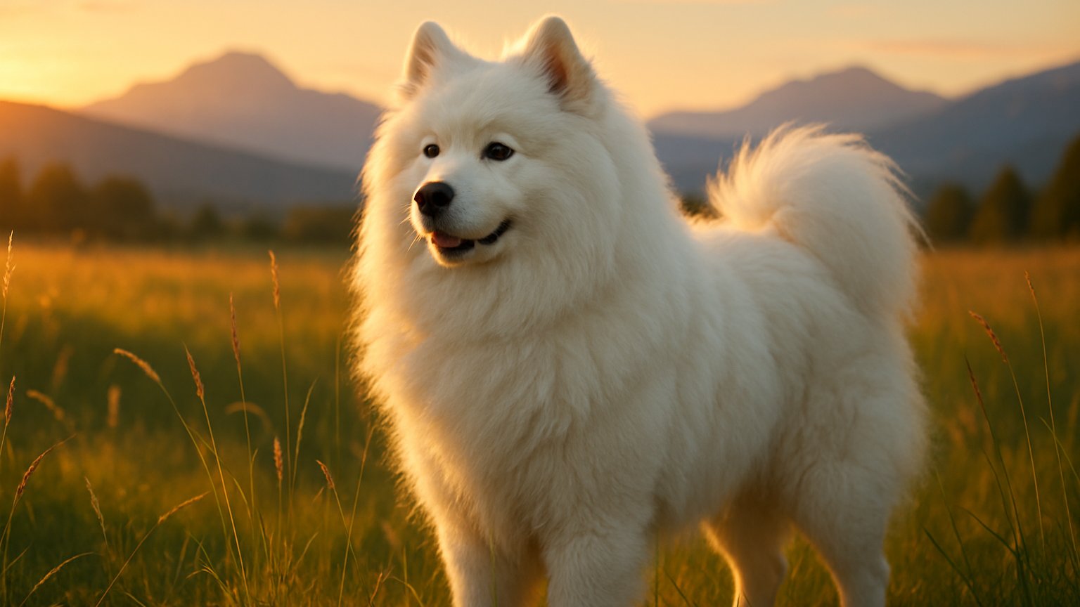 A smiling Samoyed dog with a fluffy white coat