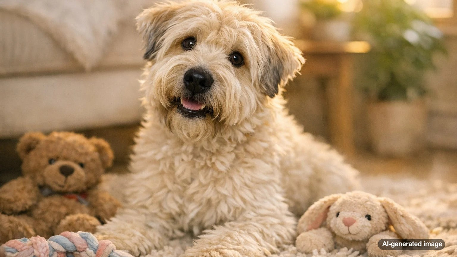 Soft Coated Wheaten Terrier standing outdoors with soft wavy coat