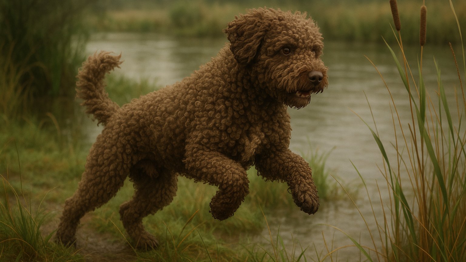 Spanish Water Dog running by water with curly corded coat