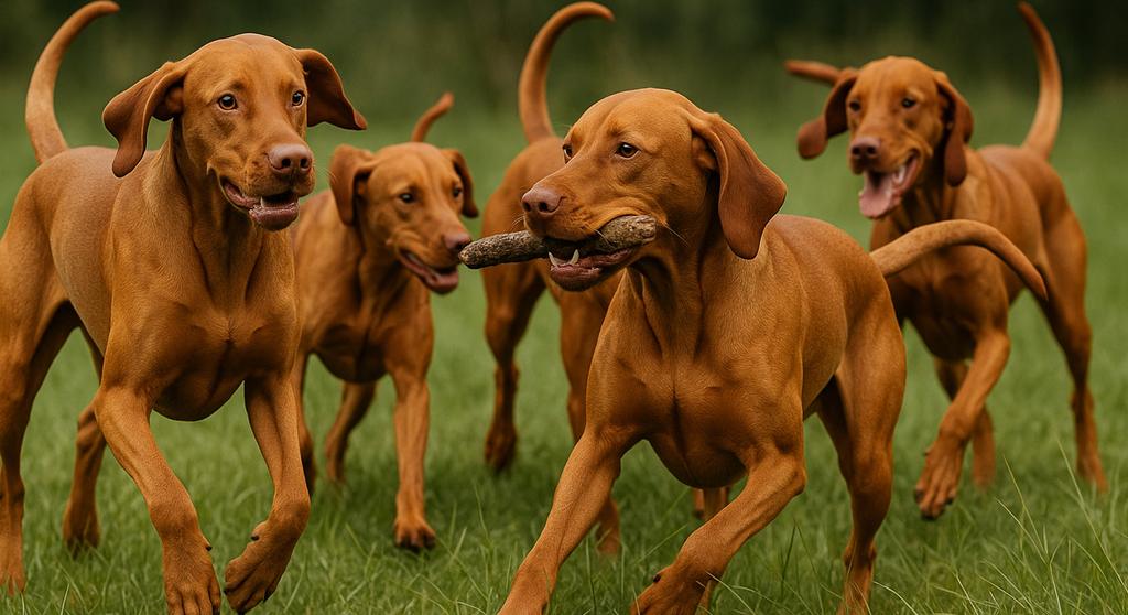 Vizsla dog standing in a grassy field