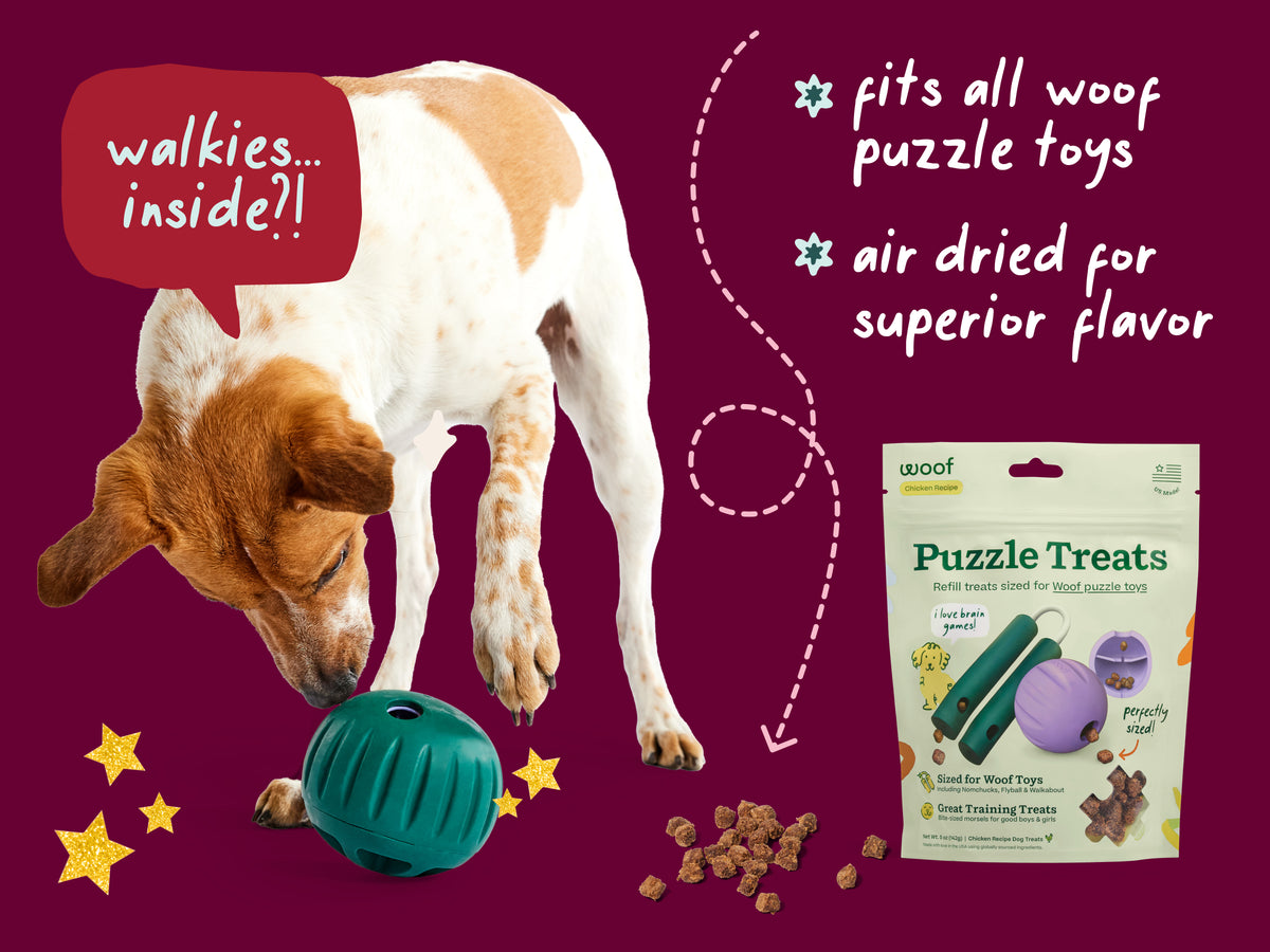 Woof Puzzle Treats shown as a pairing for this holiday product