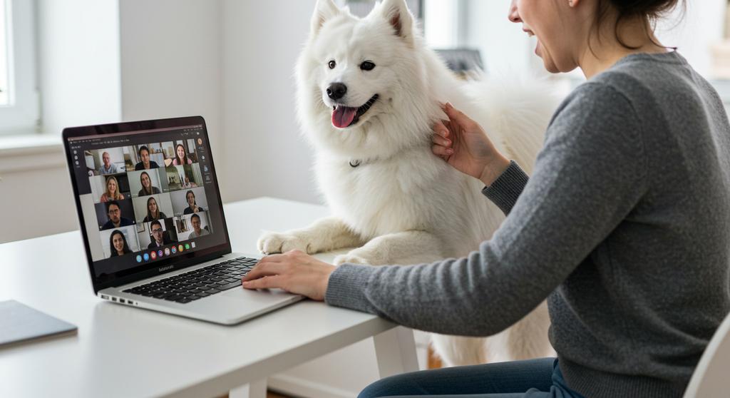 Dog happily playing with a Pupsicle while owner works from home