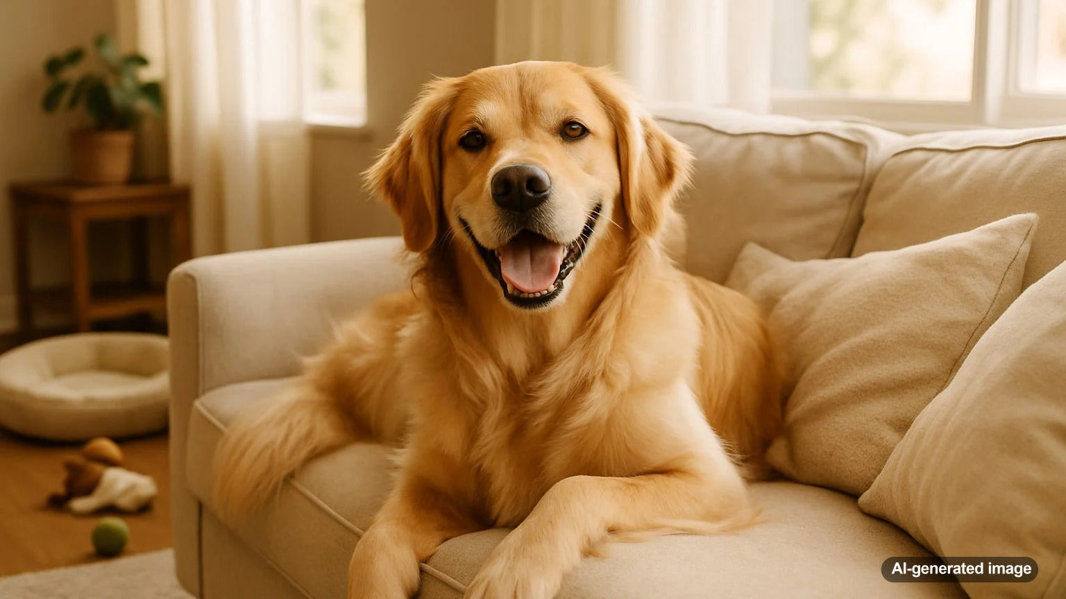 Happy dog relaxing at home with owner