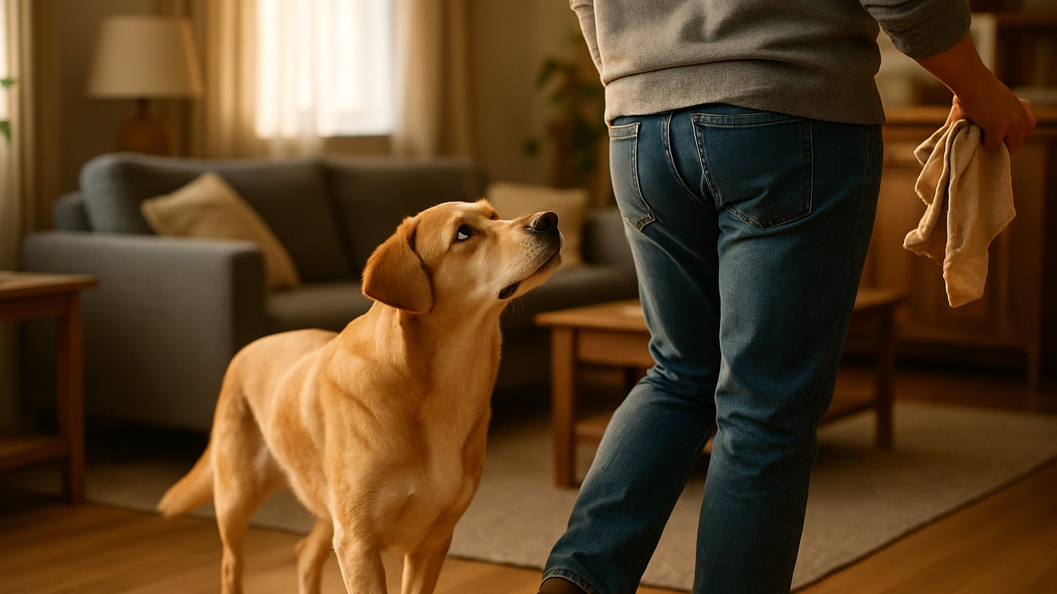 Dog displaying clingy behavior, following owner around the house