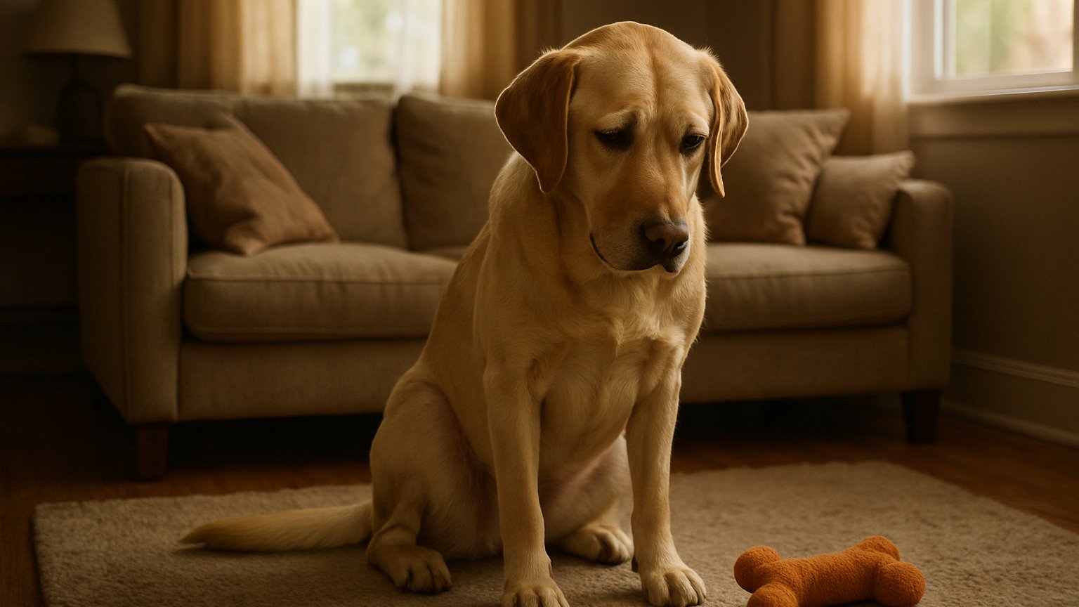 A dog displaying signs of unhappiness, such as a tucked tail and droopy ears
