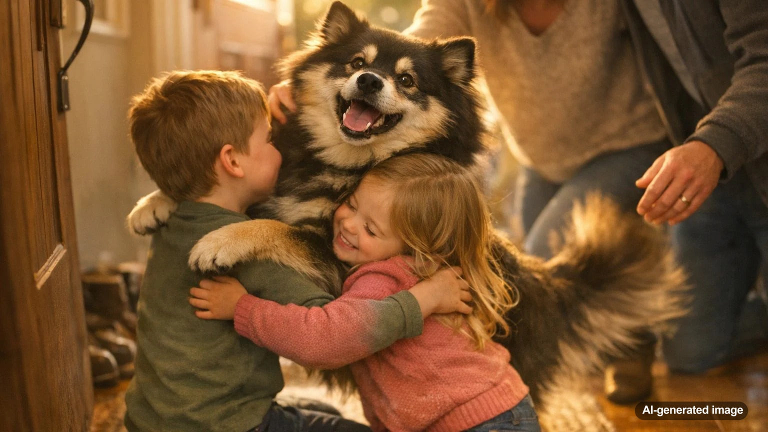 Happy dog recognizing and bonding with family members at home