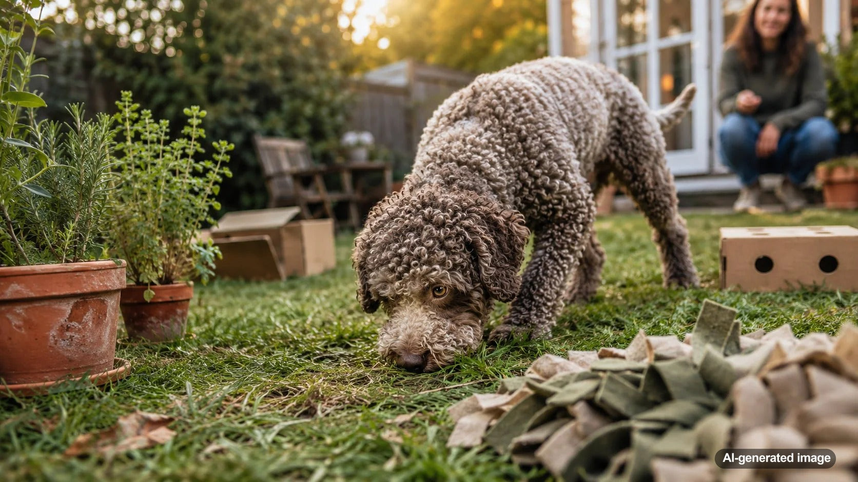 Dog enjoying a backyard sniff safari with enrichment activities and hidden treats