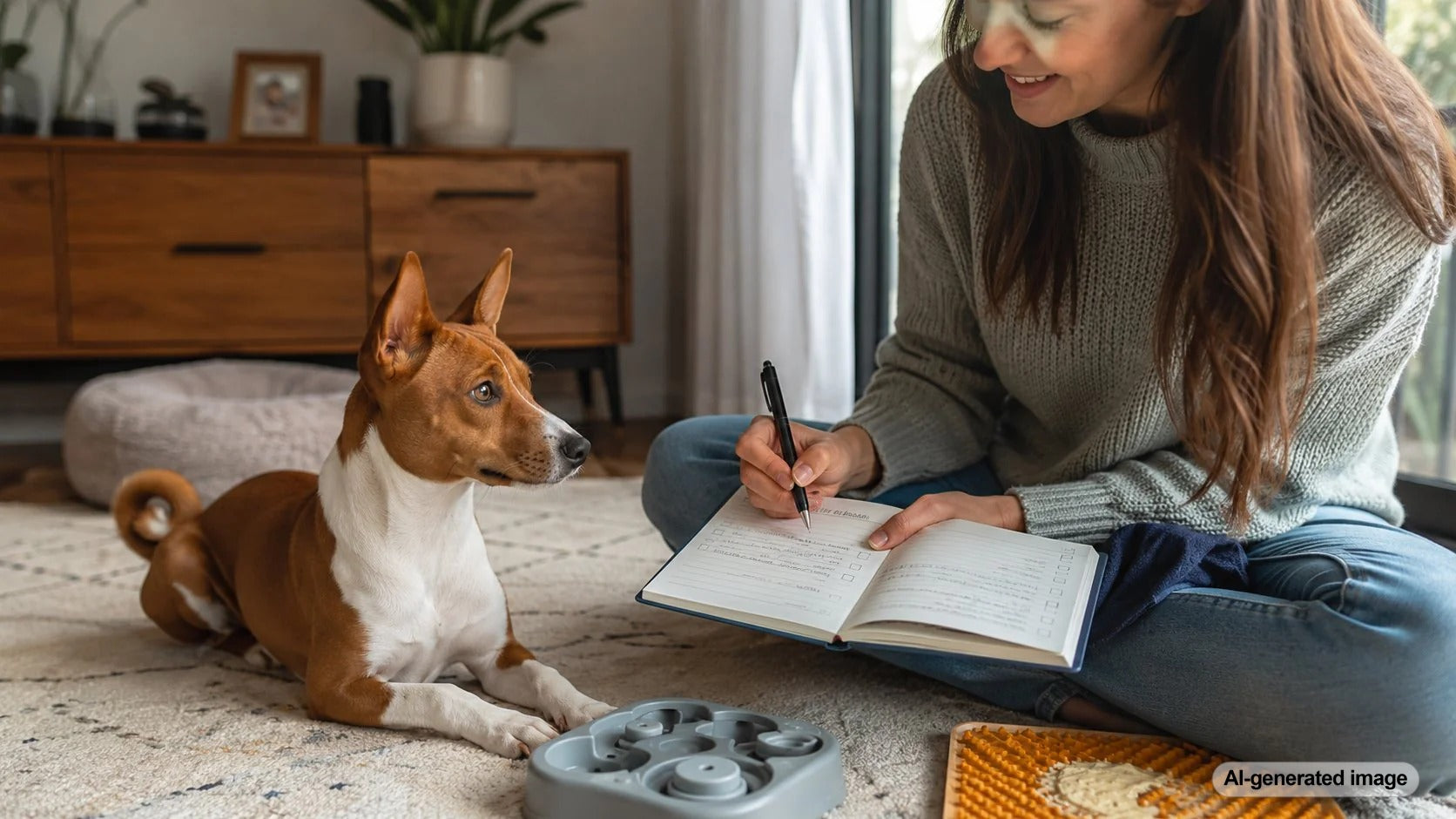 A relaxed dog enjoying a simple weekend enrichment routine at home with toys and treat activities