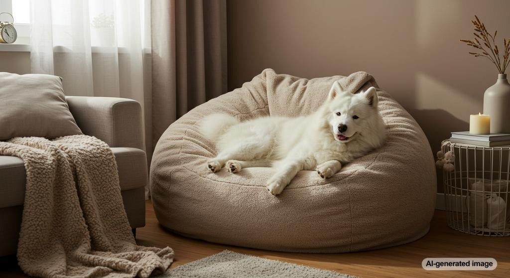 A cozy and serene dog relaxation space with comfortable bedding and calming elements