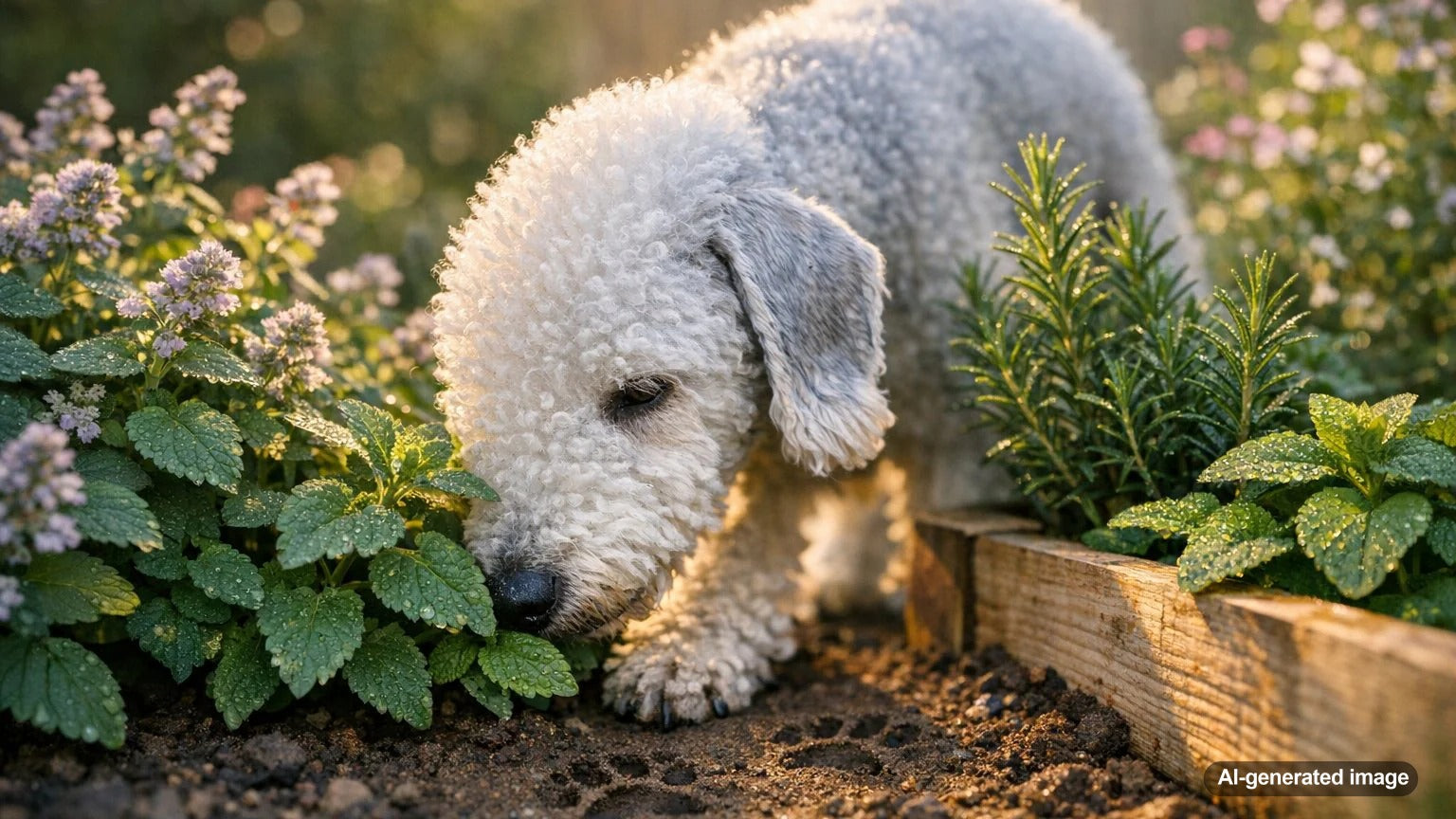 Dog exploring a safe scent garden with catnip, rosemary, and mint