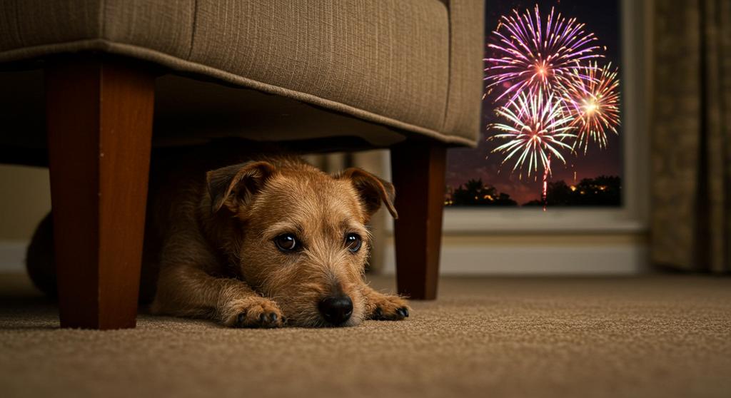 A dog looking anxious during fireworks