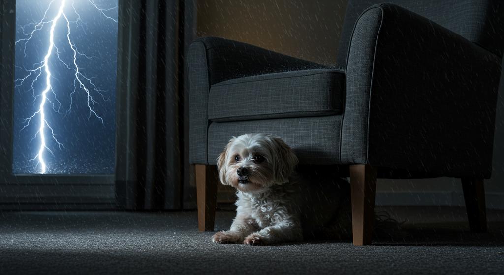 A dog seeking comfort during a thunderstorm