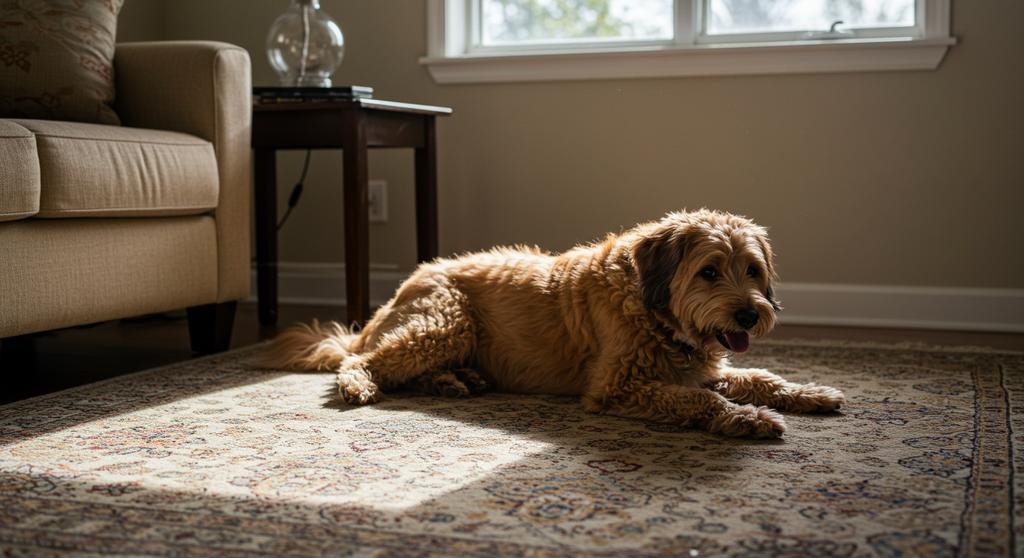 Happy dog settling into new home with cozy bed and treats