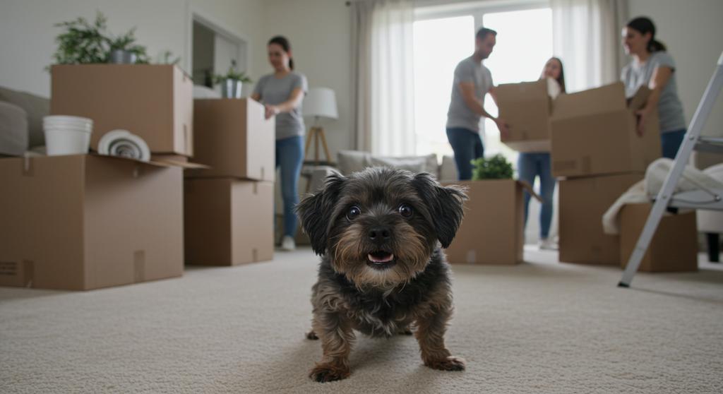 A dog sitting among moving boxes in a new home