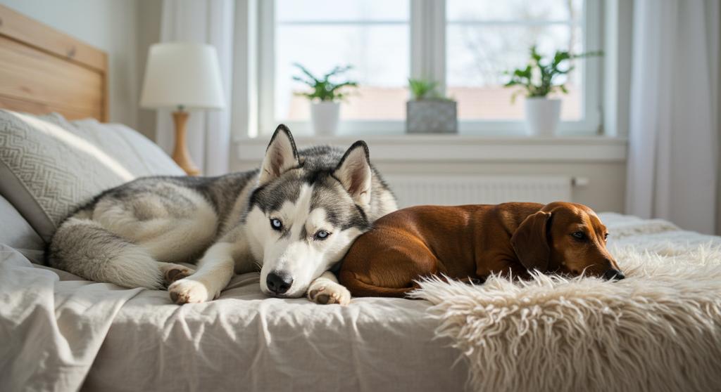 Happy dog meeting new puppy sibling in a cozy home environment