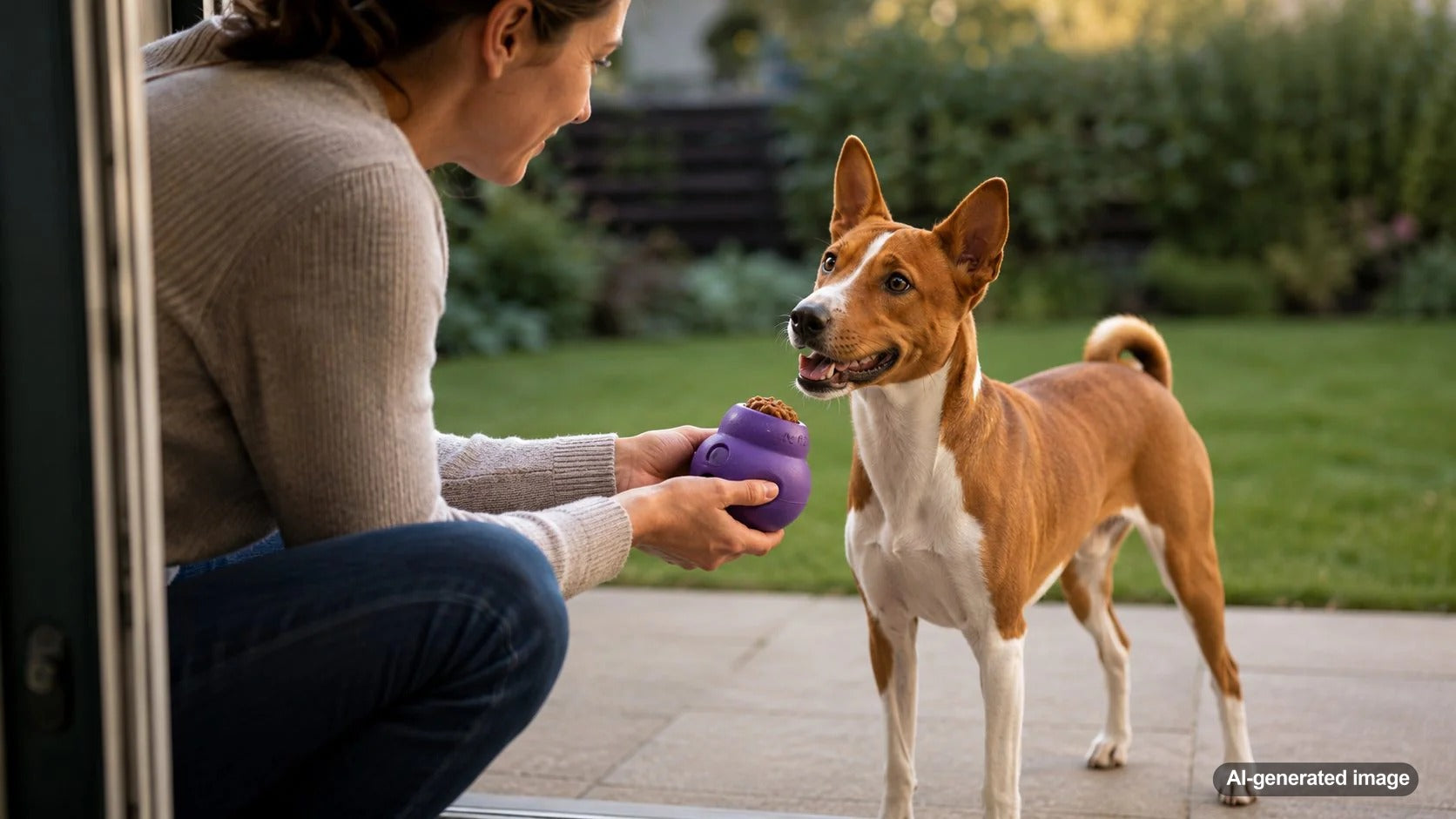A calm dog relaxing at home with enrichment while learning to enjoy alone time