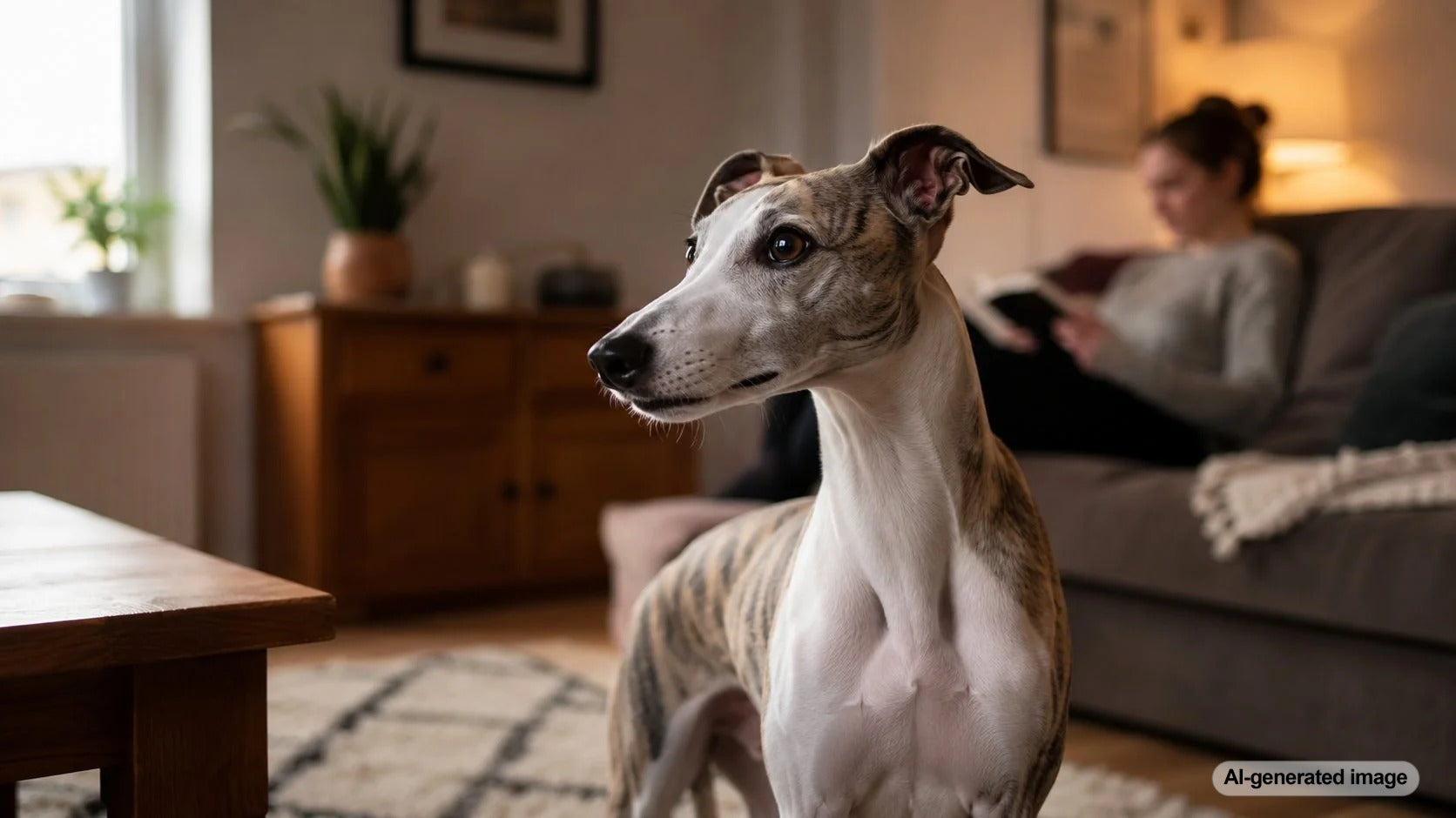 Restless dog standing alert in a quiet living room during an evening wind-down routine