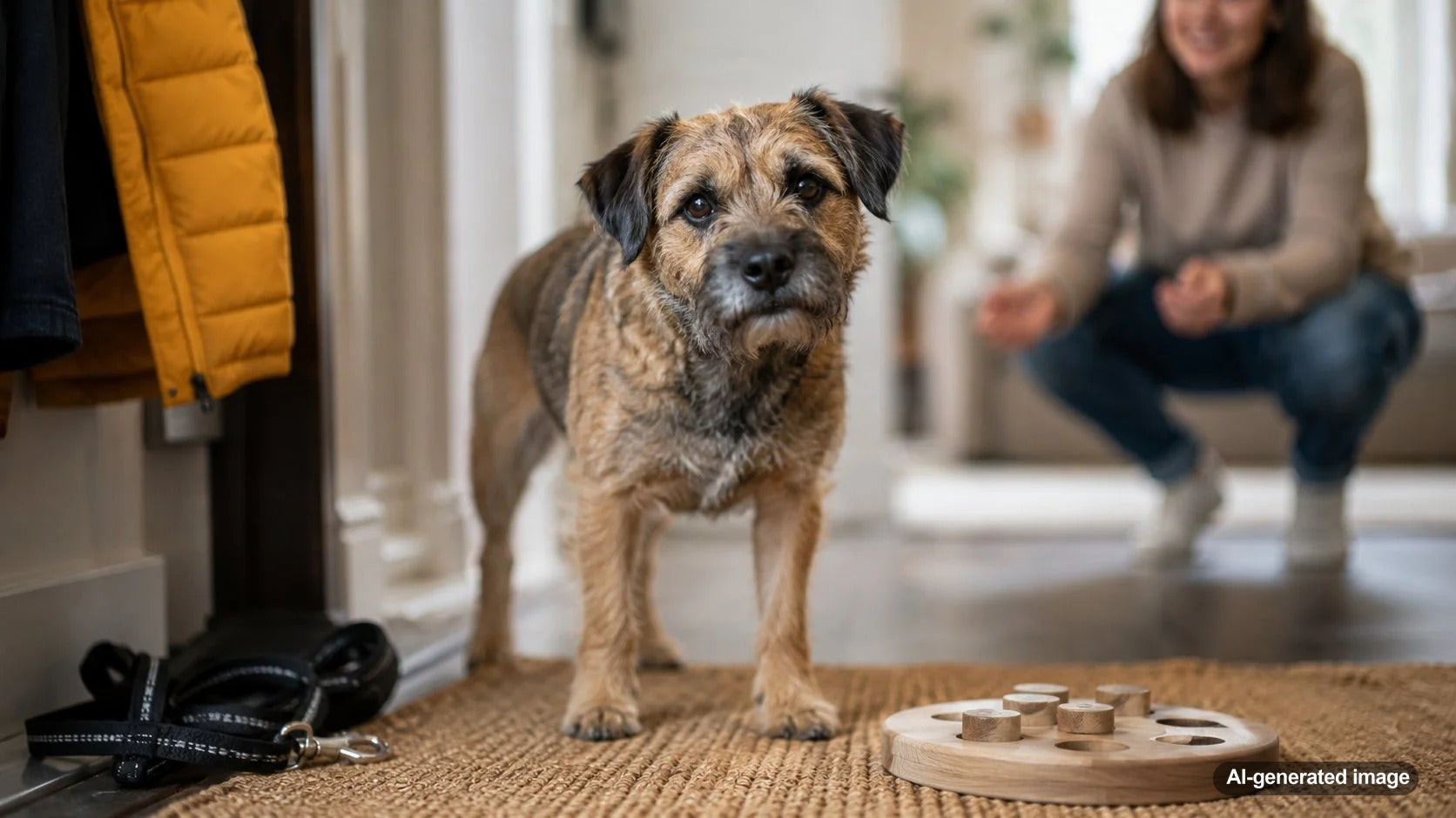 Dog enjoying a calming enrichment activity at home after returning from a walk