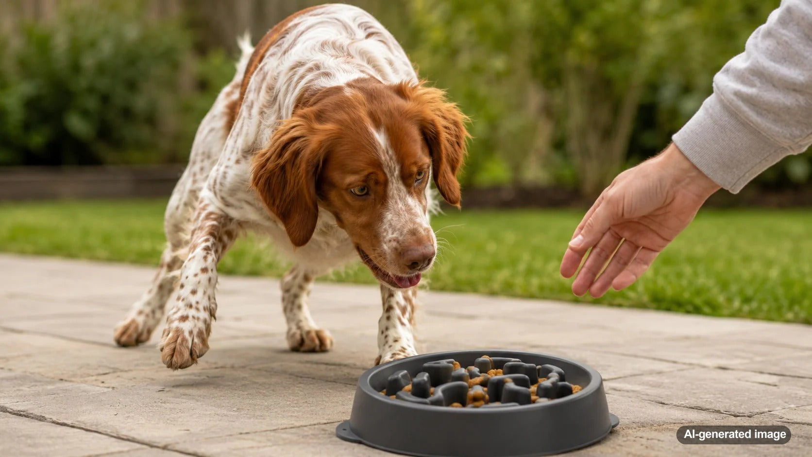 Dog calmly using a slow feeder for mealtime enrichment