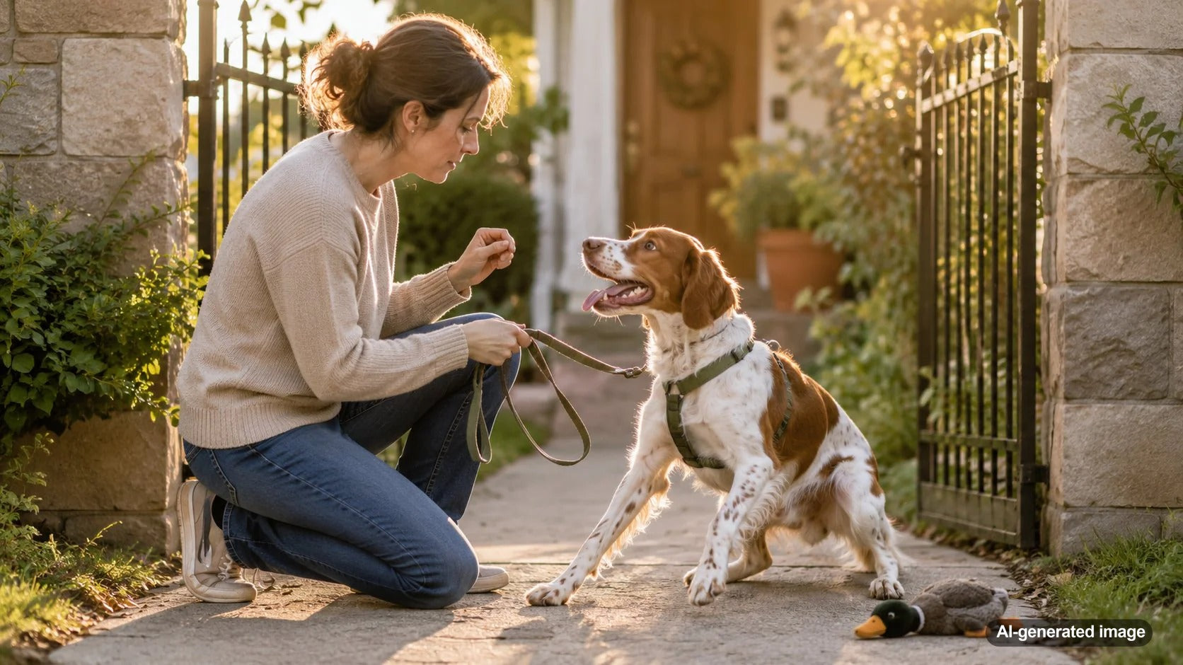 Happy dog learning to stay calm while guests visit at home