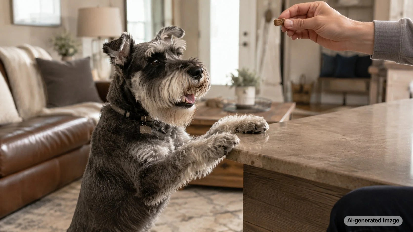 Dog waiting calmly near a snack while practicing polite treat-time behavior