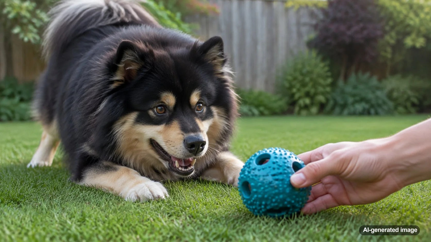 Excited dog learning to play calmly and safely with a new toy
