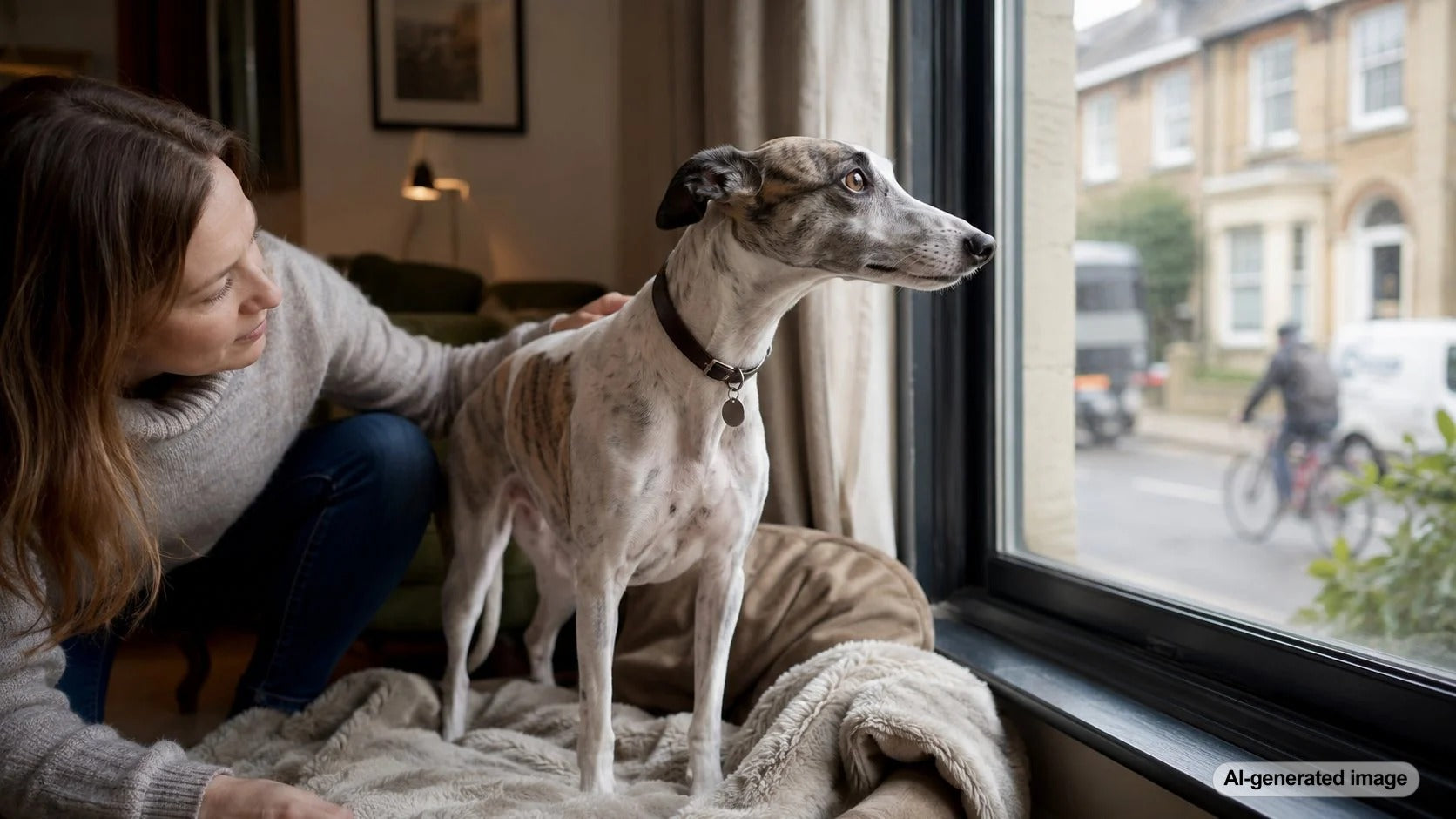 Whippet staying close to its owner while walking through a noisy neighborhood