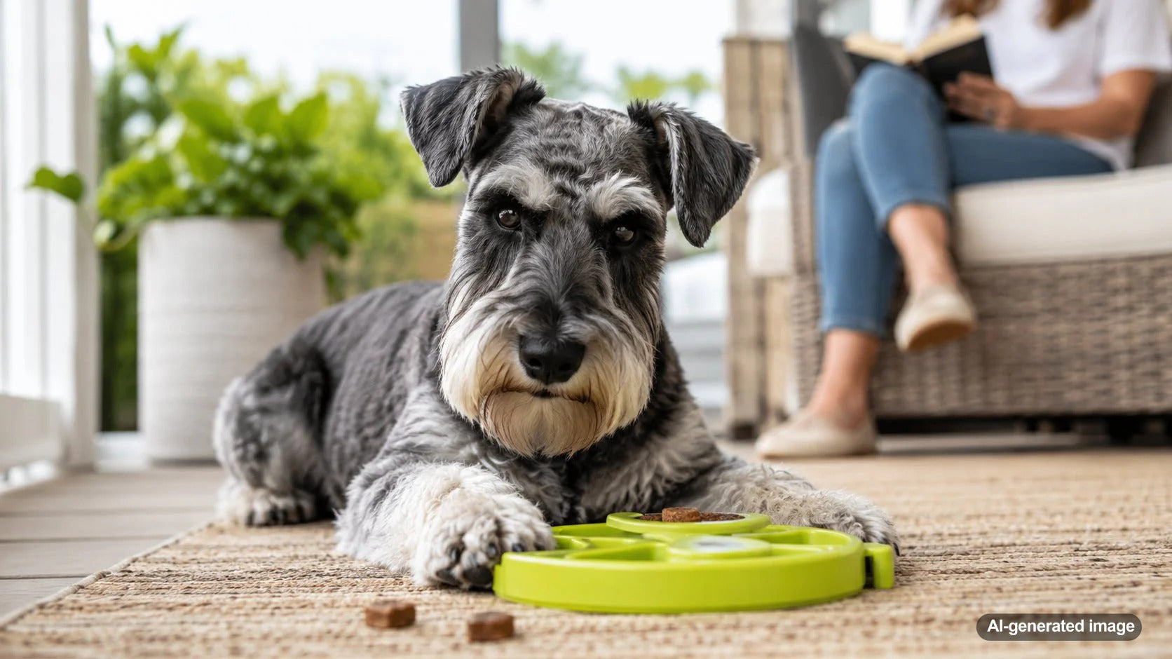 Dog relaxing with an enrichment toy during a quiet afternoon at home