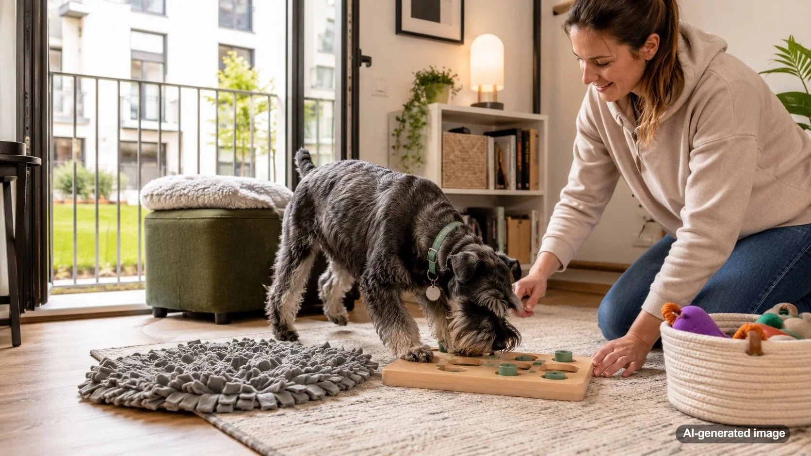 Dog enjoying enrichment activities in a cozy small apartment