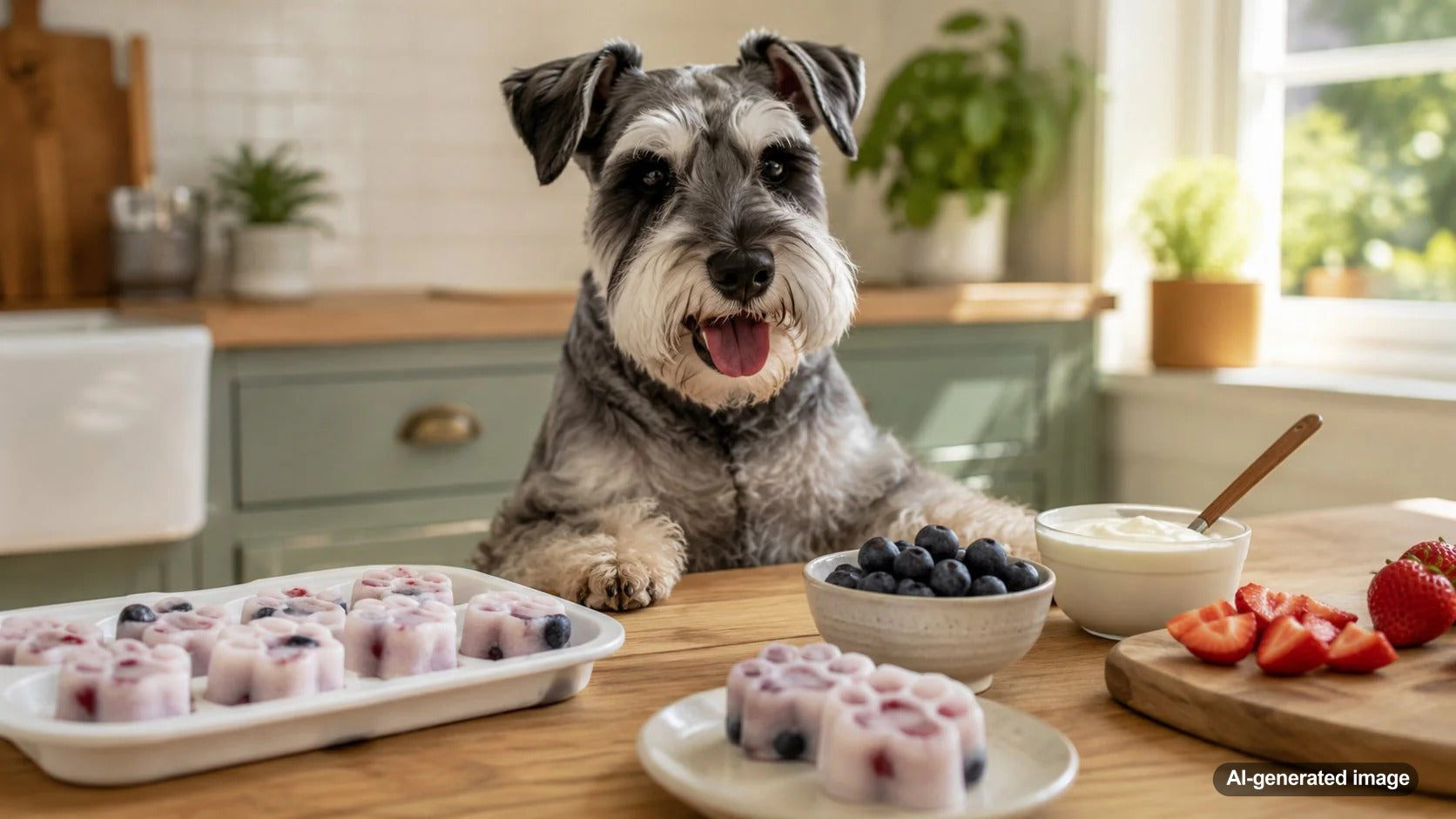 Dog waiting beside homemade frozen treats made with simple lower-sugar ingredients