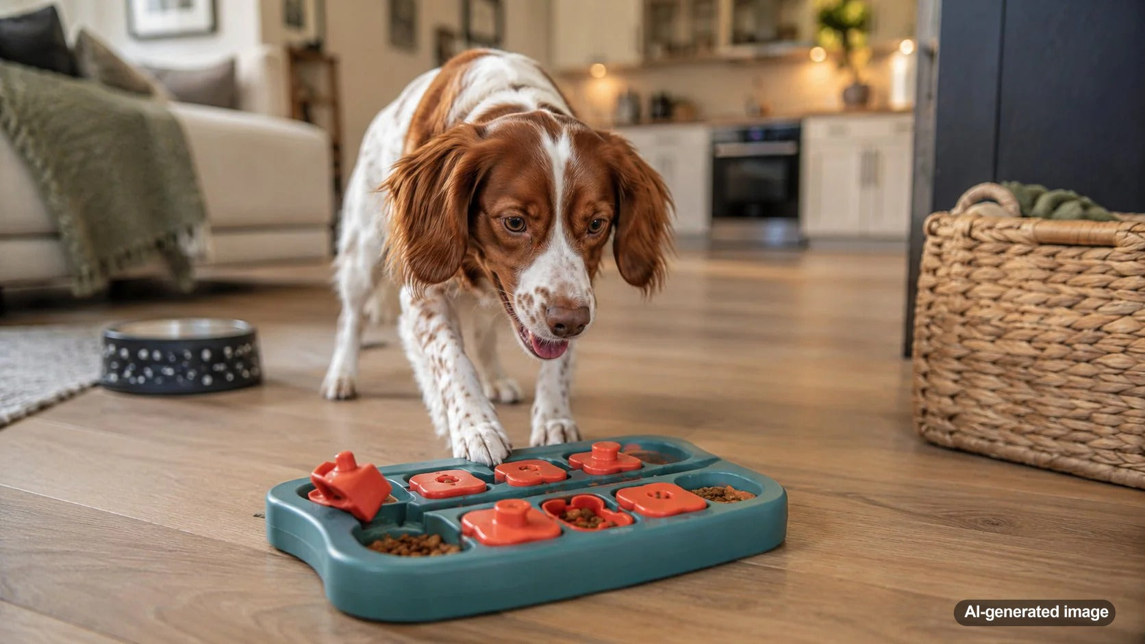 Dog enjoying an engaging mealtime enrichment activity with food