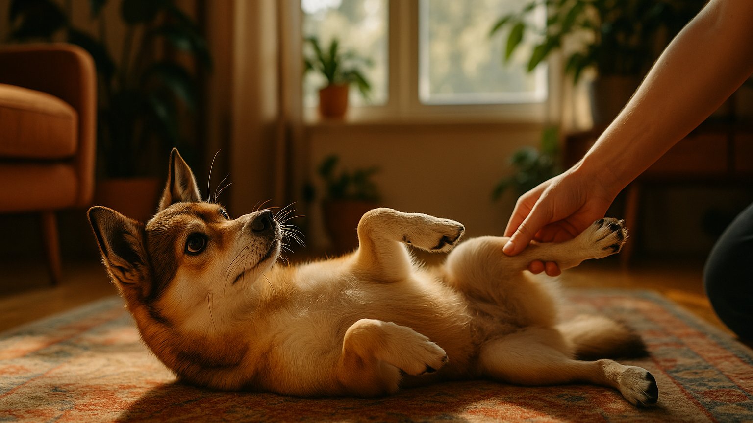 A dog undergoing physical therapy for a luxating patella, supported by various Woof products like the Woof Walkabout and LickMat.