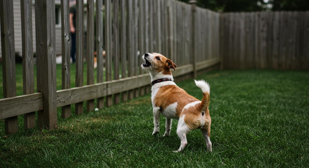Dog looking over a fence barking at neighbors