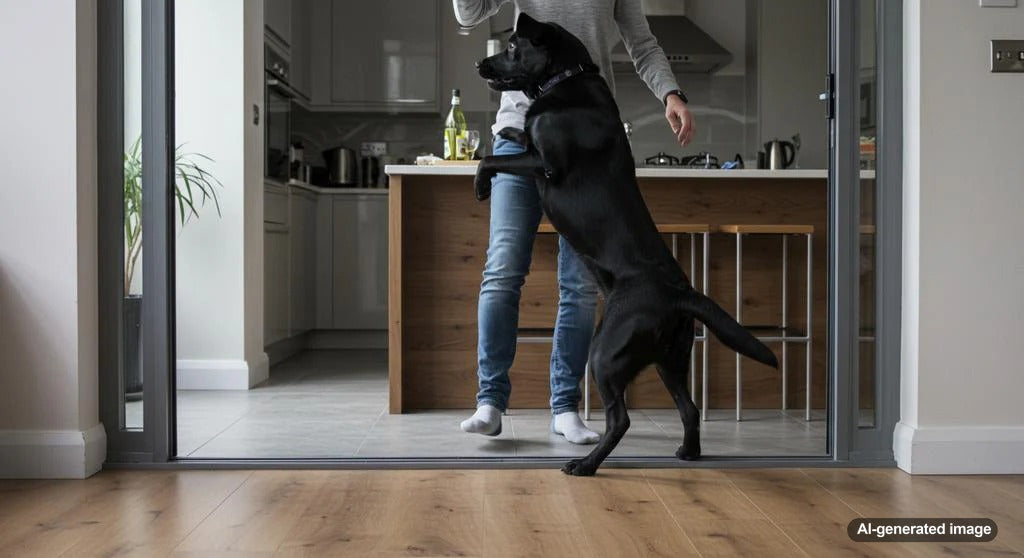 Dog greeting guest politely