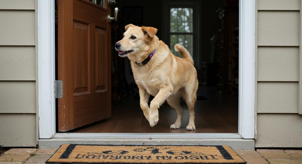 Happy dog calmly sitting as guests arrive