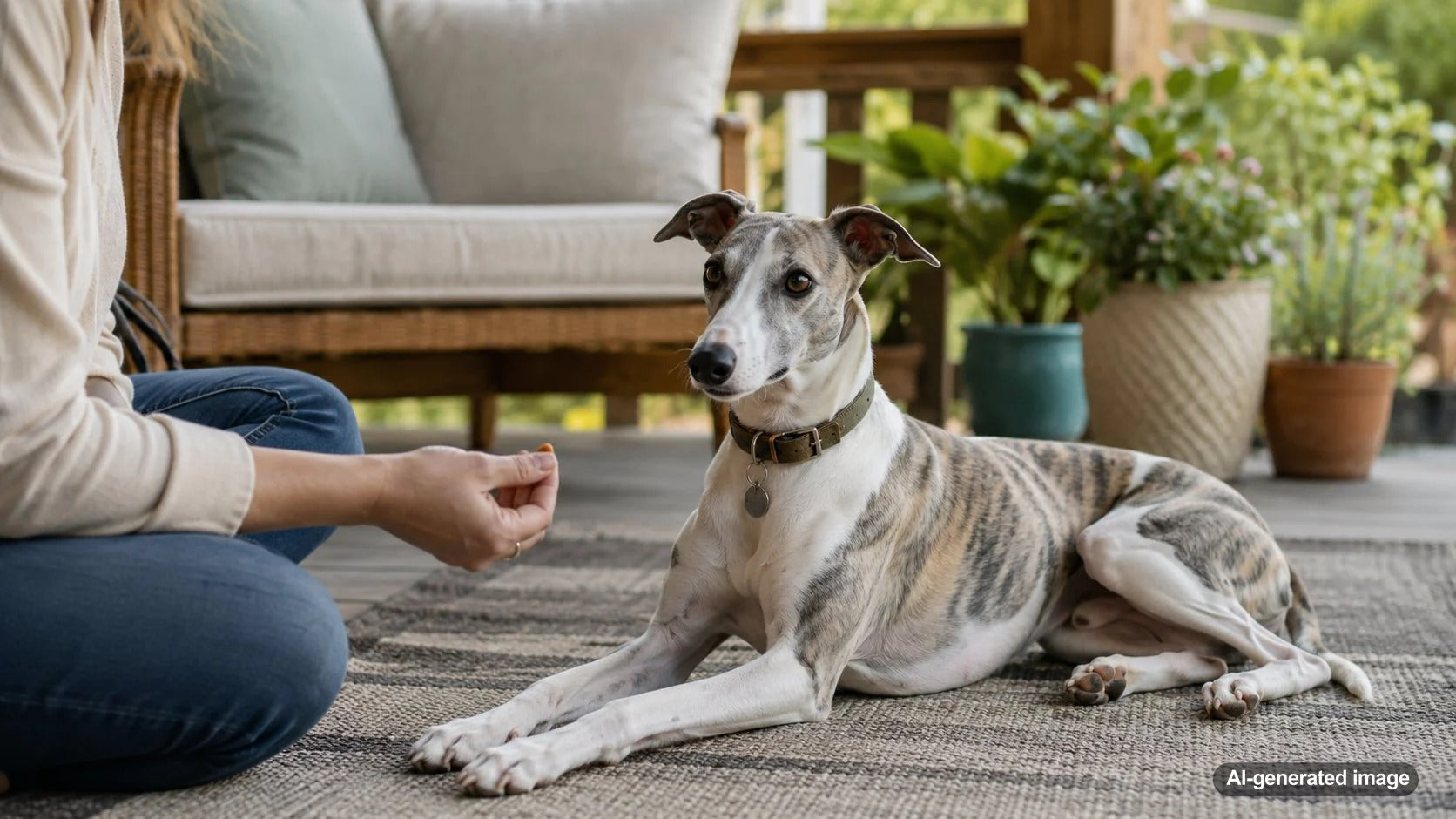 Dog relaxing calmly on a mat during a positive settle training routine at home