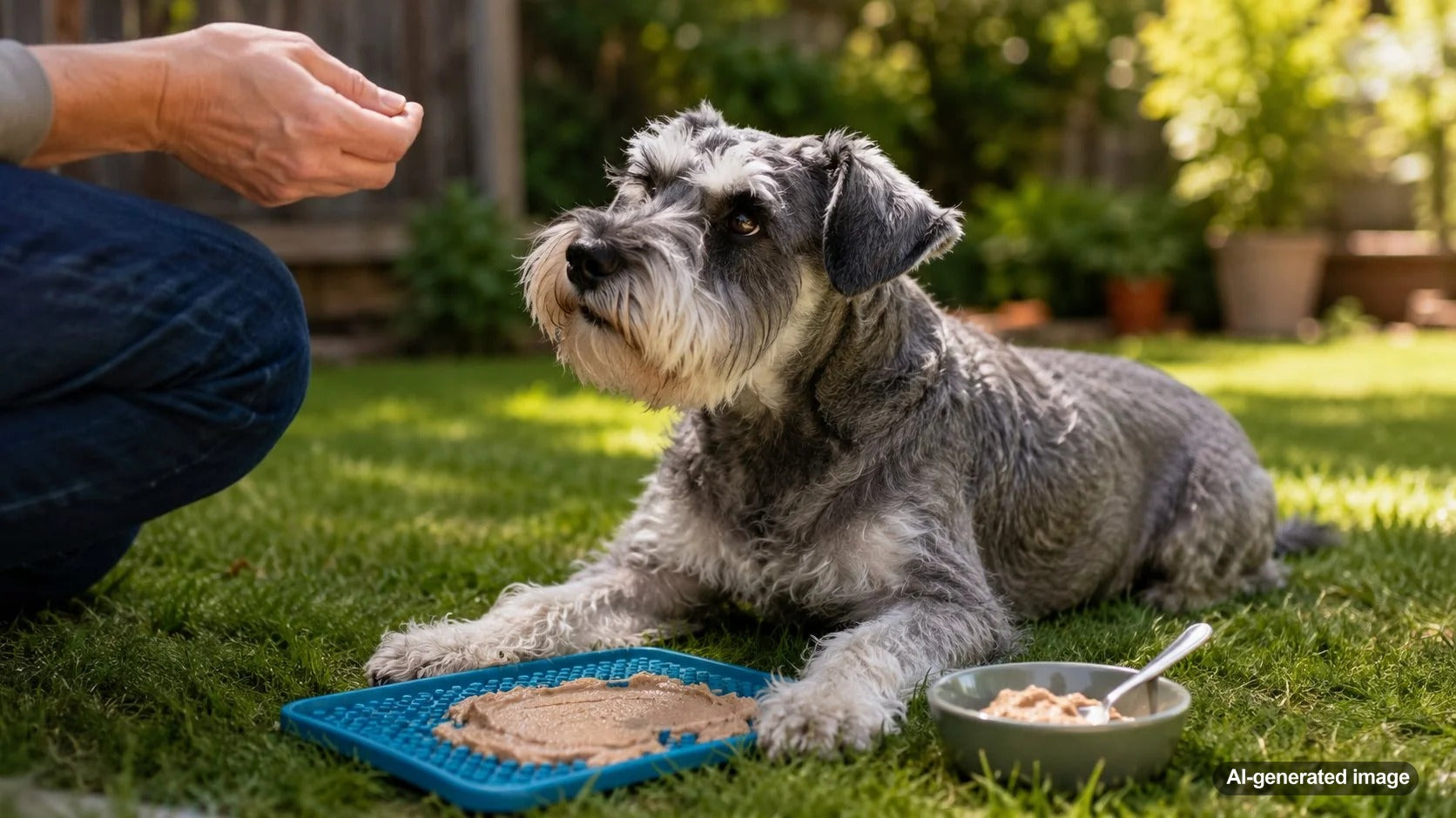 Senior dog enjoying soft food enrichment from a textured feeding mat